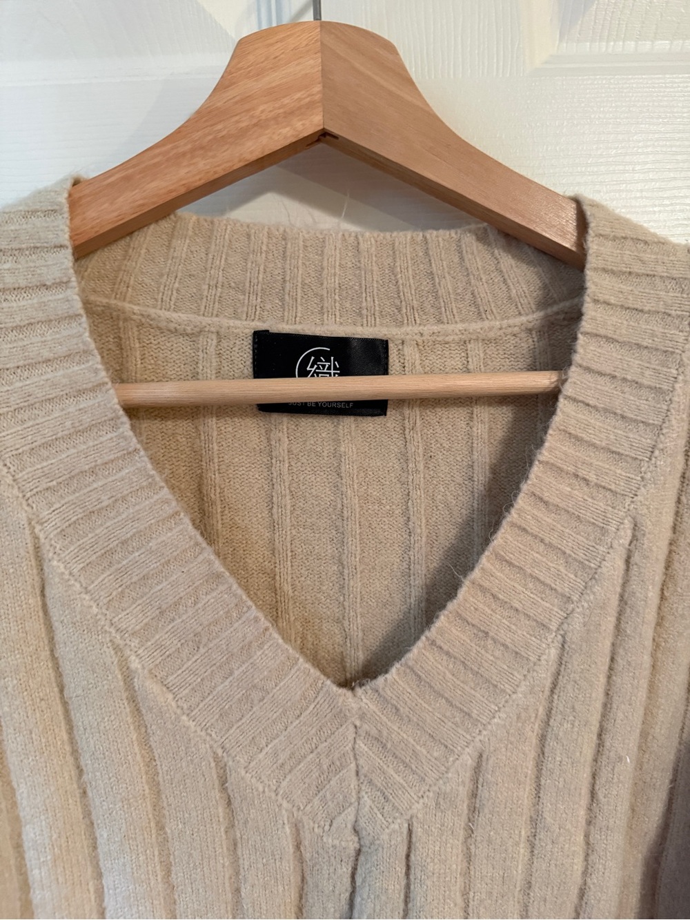 Men's V-Neck Ribbed Sweater - Beige - Picture 2 of 3